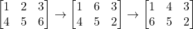\begin{bmatrix}1 & 2 & 3 \\4 & 5 & 6\end{bmatrix}\rightarrow\begin{bmatrix}1 & 6 & 3 \\4 & 5 & 2\end{bmatrix}\rightarrow\begin{bmatrix}1 & 4 & 3 \\6 & 5 & 2\end{bmatrix}